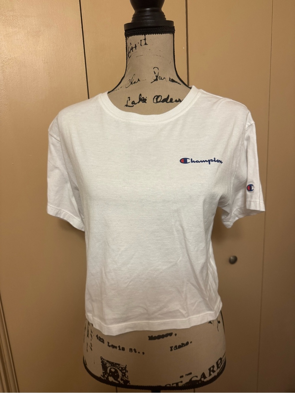 Champion White Cropped Logo Tee with Navy & Red Accent